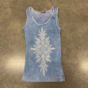 Vintage Y2K Mcbling Graphic Ribbed Acid Wash Blue Tank Top Women's Small